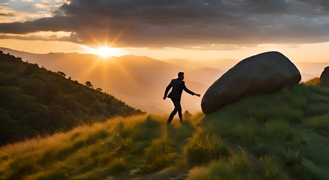 Businessman pushing a big stone. Concept of overcoming obstacles.