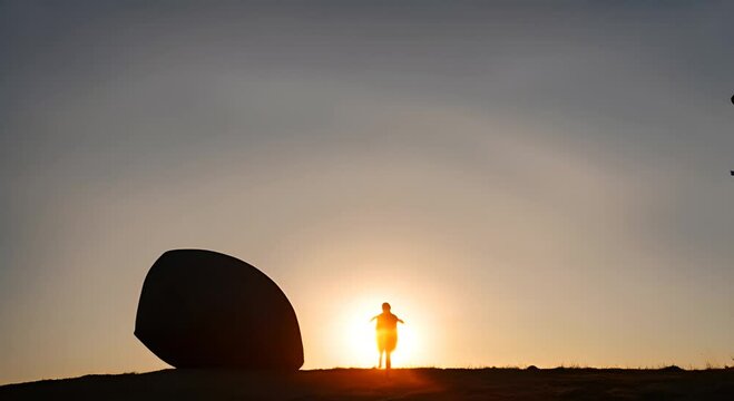 Businessman pushing a big stone. Concept of overcoming obstacles.