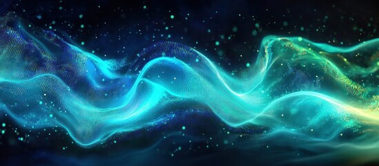 Obraz premium Abstract blue and green glowing wave with sparkling particles.