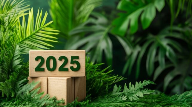 Trendy block calendar for 2025 surrounded by vibrant green plants. - Powered by Adobe