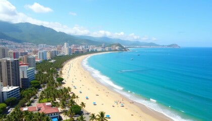  Vibrant beachfront cityscape with clear blue ocean and mountains in the distance