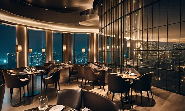 Luxury restaurant in a skyscraper with views of the city.