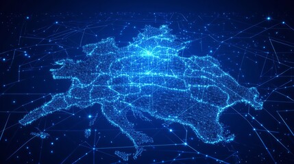 A 3D network map, with glowing mesh lines and points, on a sleek blue tech background