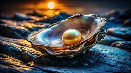 Elegance of the Sea: A Pearl in an Oyster Shell on a Wet Rock