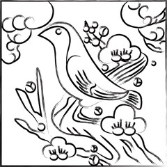 筆書き正方形花札　鶯　如月　梅　2月　梅に鶯