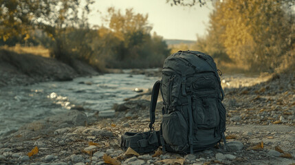 A sturdy backpack is placed on rocky ground beside a gentle stream, framed by colorful autumn trees under clear skies in the late afternoon
