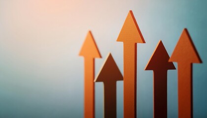 A close-up of orange arrows pointing upwards against a soft blue background, symbolizing growth and progress.
