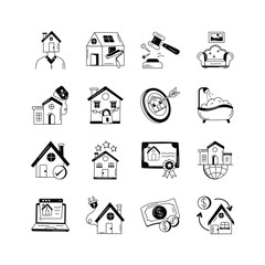 A collection of icons representing various aspects of real estate, including homeownership, renovation, legal processes, property search, security, luxury, and online transactions