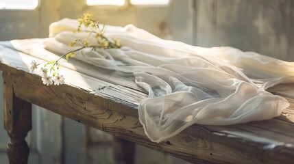 Elegant cotton gauze wedding runner on rustic wooden table creates ethereal atmosphere for romance