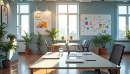 Modern Office Space Featuring Glass Table, Laptop and Notepad Setup