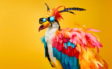 Obraz premium Creative animal concept. Toucan Hornbill bird in luxury wealthy fancy chic luxurious impeccable Fur feather fabric outfits isolated on bright background advertisement, copy text space 
