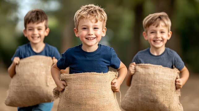 Three Children Joyfully Compete in a Sack Race, Embracing Fun and Laughter in Autumn Setting. Autumn Festival Concept