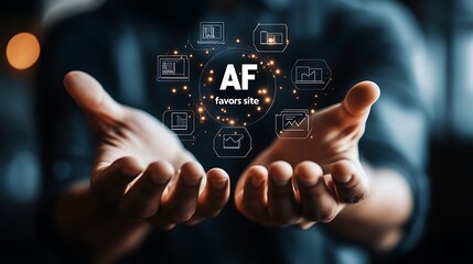 Business man holding in his hand the word, Technology hologram word