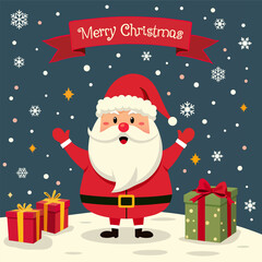 Smiling Santa Claus wishing Merry Christmas on snowy night with gifts, perfect for holiday cards, posters, social media, holiday invitations and festive decorations