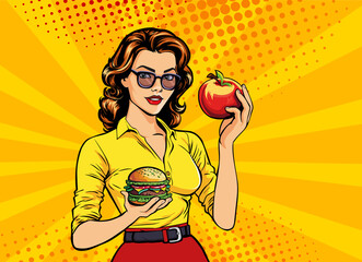 Young woman with apple and burger in hand pop art style illustration. Comics style.
