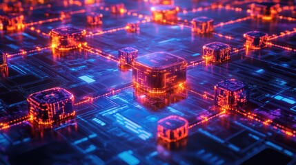 Obraz premium Abstract digital network with glowing cubes and lines connecting on a circuit board.