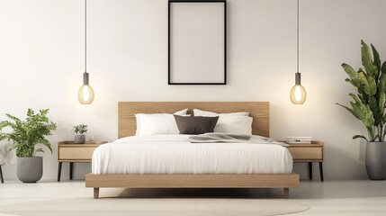 A modern bedroom with neutral tones, a platform bed, and minimalist lighting