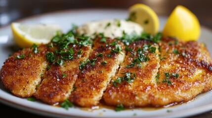 Deliciously breaded fish fillet garnished with parsley and served with lemon slices and creamy sauce, perfect for a gourmet meal.