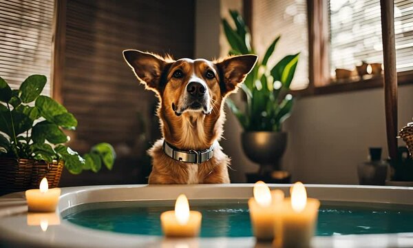 Dog taking a bath in a bathtub.