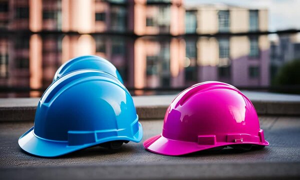 Pink and blue construction helmet.