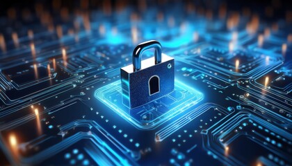 A digital padlock sits atop a glowing circuit board, symbolizing cybersecurity and data protection in a high-tech environment.