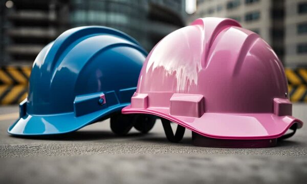 Pink and blue construction helmet.