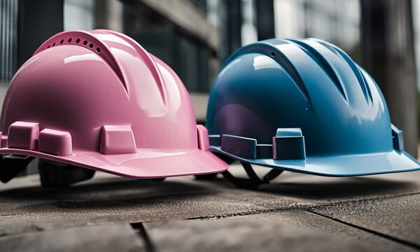 Pink and blue construction helmet.