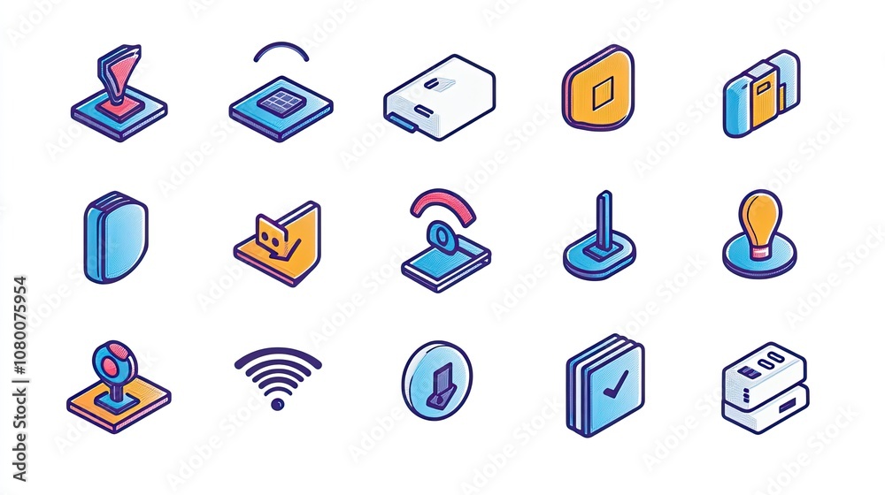 Poster vector set of colorful icons representing various elements of technology and communication, includin