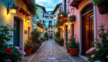 Fototapeta premium Enchanting Cobblestone Alleyway with Fairy Lights and Pastel Buildings