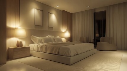 A modern bedroom with neutral tones, a platform bed, and minimalist lighting