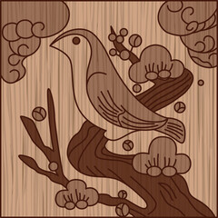 木彫り正方形花札　鶯　如月　梅　2月　梅に鶯