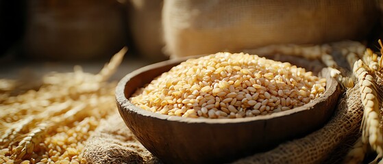 Traditional rice bowl, raw grains spill, agriculture harvest, burlap texture