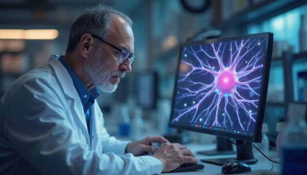 Scientist Observing Digital Neuron Display in Advanced Laboratory Setting