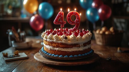 Birthday cake with candles and balloons, celebrating 49th birthday.
