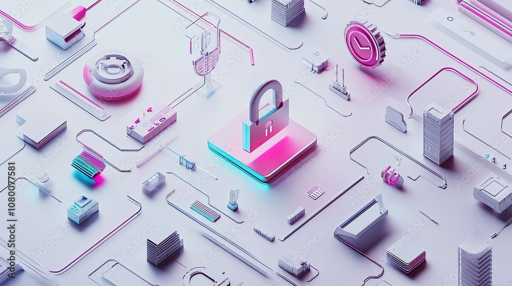 Poster abstract representation of digital security with vibrant colors highlighting a padlock and various t
