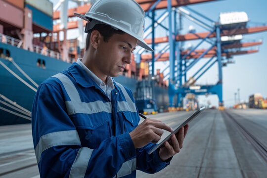 A dedicated cargo ship inspector meticulously reviews documents while standing on a bustling container ship.