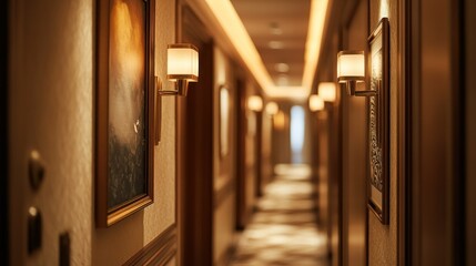 A hallway in a luxury hotel with gold accents, framed artwork, and warm lighting.