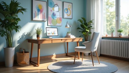 Serene Home Office with Sleek Wooden Desk and Colorful Digital Workspace