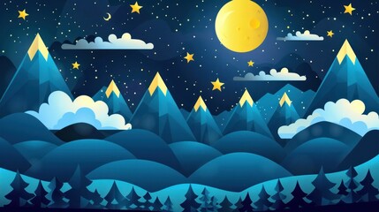 A serene night landscape featuring mountains, clouds, stars, and a large moon.