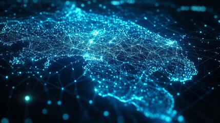 A 3D network map, with glowing mesh lines and points, on a sleek blue tech background