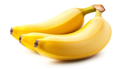Golden-hued bananas, ripe and plump, stand in isolation against a stark white backdrop. Their smooth, yellow skins glisten, hinting at the sweet, creamy flesh within
