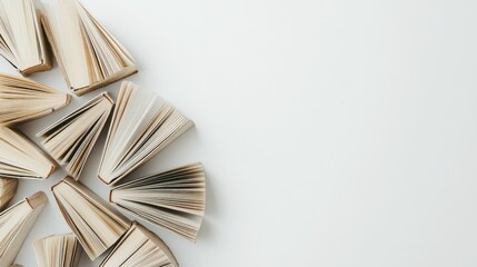 Artistic Arrangement of Opened Books with Pages Flipped Showing the Unique Textures and Patterns on a Clean White Surface, Ideal for Education and Literature Themes