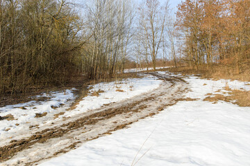 A rough trail marked by muddy tire tracks crossing a snowy forest clearing with trees and a winter...