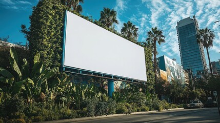 Obraz premium Empty White Billboard Framed by Greenery: A Clean Canvas for Advertising, Set Against an Urban Backdrop for Maximum Impact