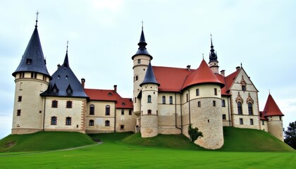  Elegant castle with vibrant red roofs and lush green lawns