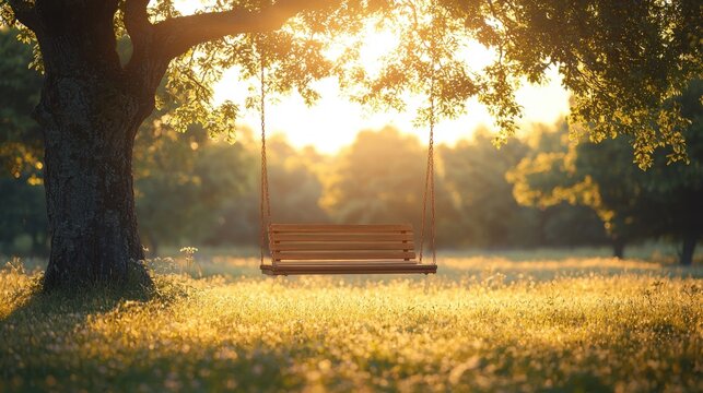 A wooden swing hangs from a tree branch in a sunlit meadow, surrounded by warm morning light, evoking a sense of tranquility and nostalgia.