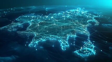A 3D network map, with glowing mesh lines and points, on a sleek blue tech background