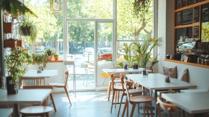 Obraz premium A modern cafe interior with clean, white tables, large windows letting in natural light, and neatly arranged decor