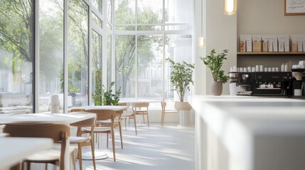 Obraz premium A modern cafe interior with clean, white tables, large windows letting in natural light, and neatly arranged decor