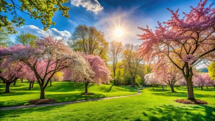 Fototapeta premium A colorful spring landscape unfolds with flowering trees and a rich green lawn, all illuminated by bright sunshine, creating a picturesque park atmosphere.